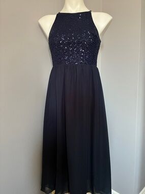 Sequin Bodice Chiffon Maxi Dress, Navy, Halter-Style, Sleeveless